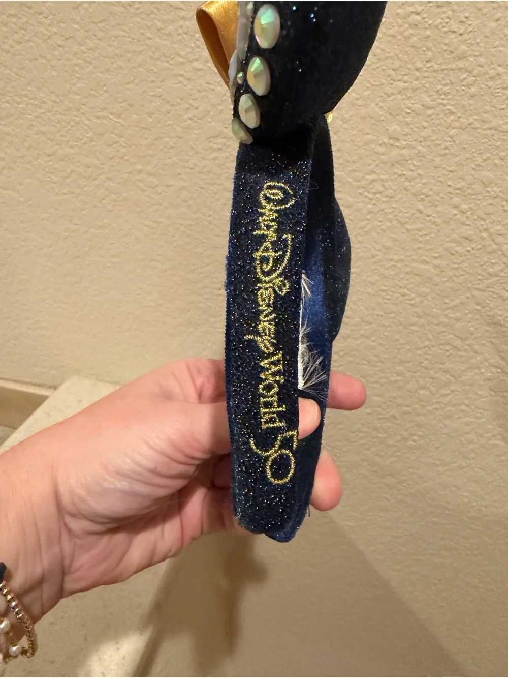 Disney Navy Sequin Minnie Ears Headband with Gold Bow